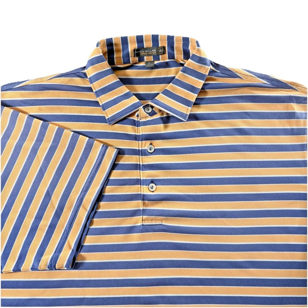 Peter Millar Polo Shirt Men Large Blue Yellow Stripe Summer Comfort Golf Preppy